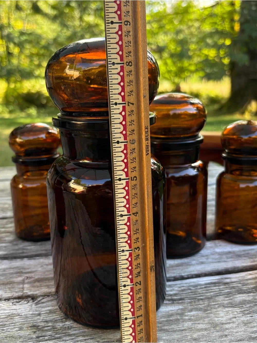 Set of Six Vintage Belgium Amber Brown Glass Apothecary Bottles